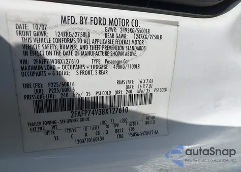 2008 Ford Crown Victoria Lx из США, поврежденный, VIN 2FAFP74V38X127610